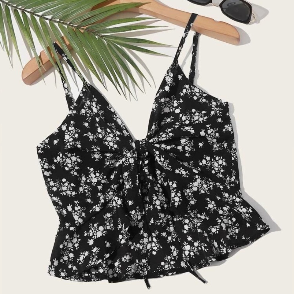 Black Floral Tie Up Tank Top Over Shirt